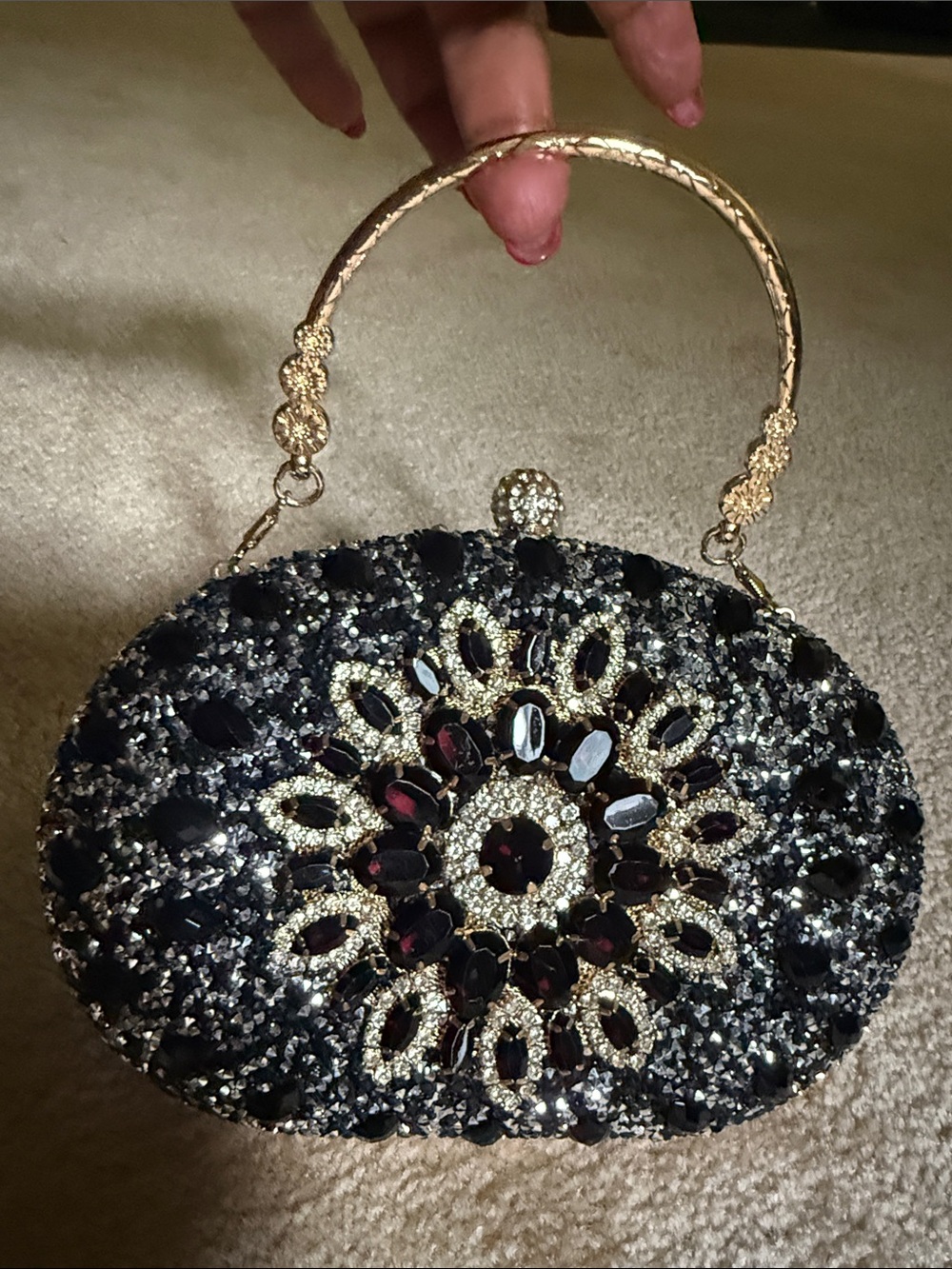 Fashion Bug Black and Gold Jeweled Oval Evening Clutch